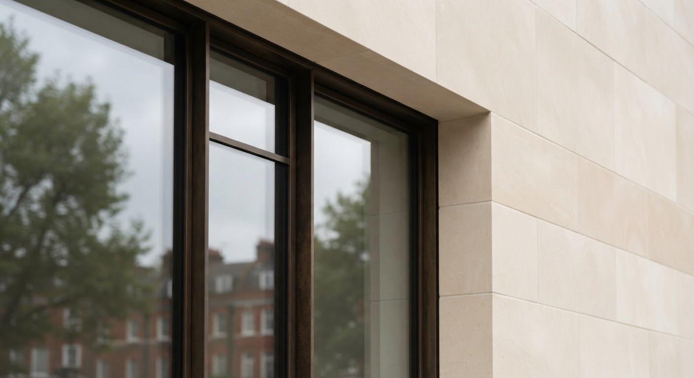 Honed limestone ashlar meeting a dark patinated bronze window frame in flat daylight.