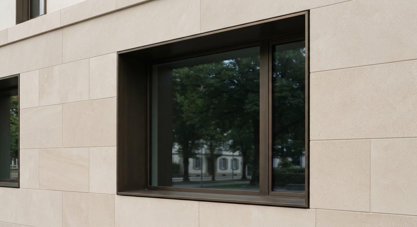 Plain limestone facade with a single deep-set bronze window reflecting the trees opposite.
