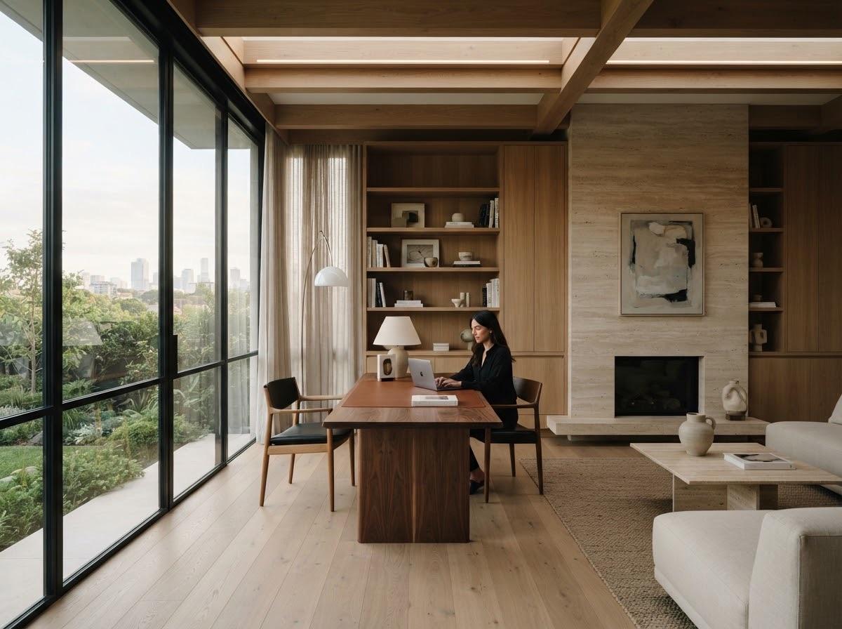 Calm contemporary interior in oak and stone, with a long timber table beside a full-height window looking onto trees.